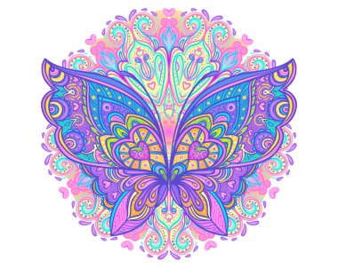 Süslü kelebek renkli yuvarlak mandala desen üzerinde. Etnik desenli vektör çizim. Afrika, Hint, totem, kabile, zentangle tasarım. Kroki için dövme, poster, tişört baskı, kumaş tasarım.