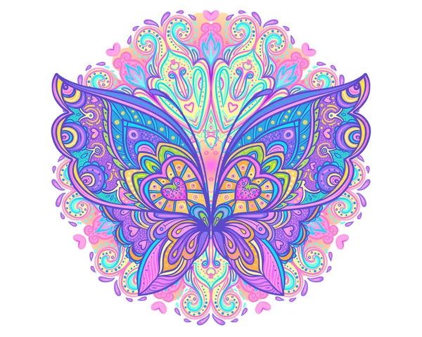 Kunstvoller Schmetterling Über Buntem Rundem Mandala Muster Ethnisch Gemusterte Vektorillustration — Stockvektor