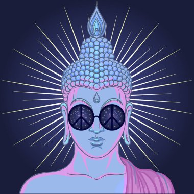 Barış ve sevgi. Gökkuşağı gözlüklü renkli Buda kulaklıkla müzik dinliyor. Vektör çizimi. Güneş gözlüklü hippi barış işareti. Psikedelik konsept. Budizm, trans müzik. Esrarlı sanat