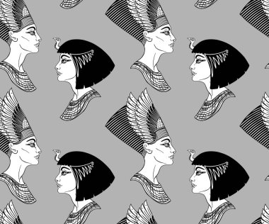 Ancient Egypt. Vintage black and white seamless pattern with Egyptian gods and symbols. Retro hand drawn vector repeating illustration. Ra, Anubis, Sekhtmet, Cleopatra, pyramid.