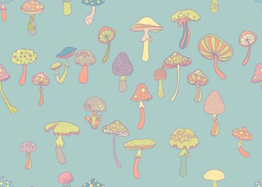 Sihirli mantarlar. Psikedelik halüsinasyon. Canlı vektör çizimi. 60 'ların renkli arka planı, hippi ve bohem dokusu. Değişken duvar kağıdı.