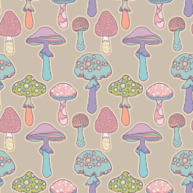 Sihirli mantarlar. Psikedelik halüsinasyon. Canlı vektör çizimi. 60 'ların renkli arka planı, hippi ve bohem dokusu. Değişken duvar kağıdı.