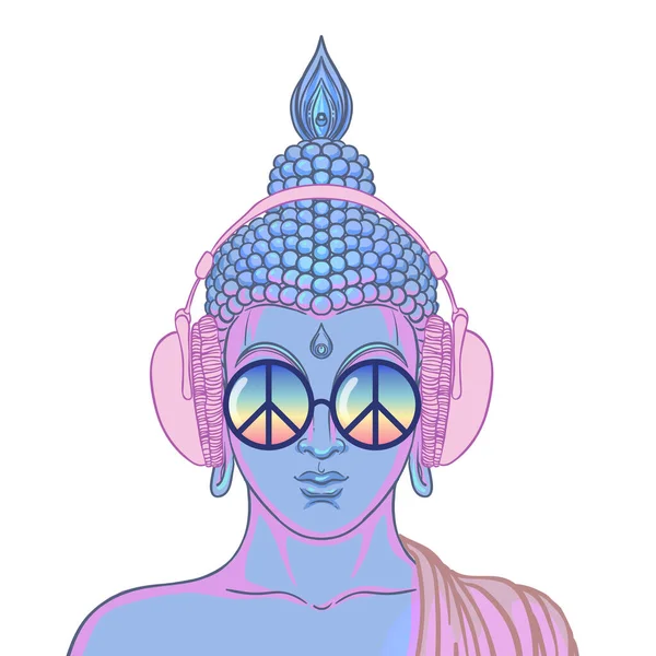 Peace Love Colorful Buddha Rainbow Glasses Listening Music Headphones Vector — Stock Vector