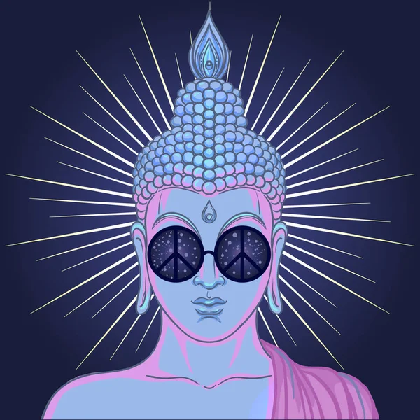 Pace Amore Colorato Buddha Occhiali Arcobaleno Ascoltando Musica Cuffia Illustrazione — Vettoriale Stock