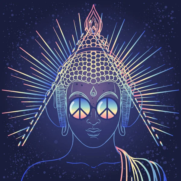 Pace Amore Colorato Buddha Occhiali Arcobaleno Ascoltando Musica Cuffia Illustrazione — Vettoriale Stock