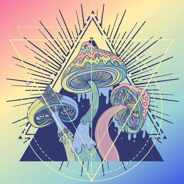 Magic Mushrooms Sacred Geometry Psychedelic Hallucination Vibrant Vector Illustration 60S —  Vetores de Stock