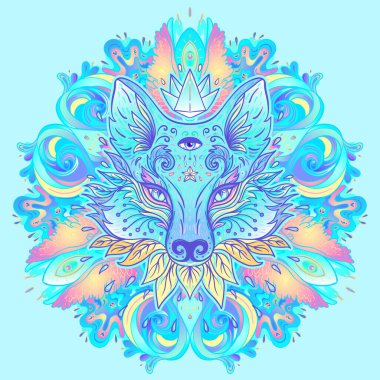 Cute fox face, racoon or wolf over mandala psychedelic ornate pattern. Character tattoo design for pet lovers, artwork for print, textiles. Detailed vector illustration. Totem animal.