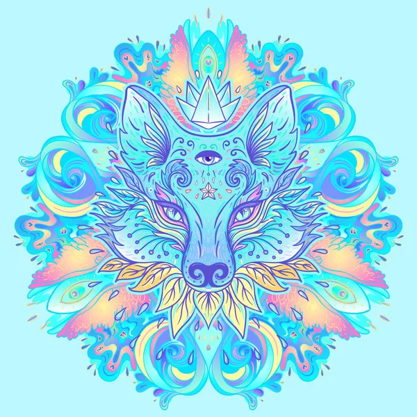 Cute Fox Face Racoon Wolf Mandala Psychedelic Ornate Pattern Character — Vetor de Stock