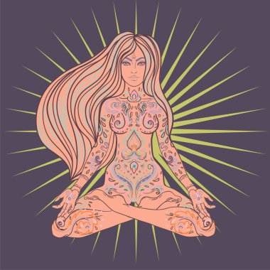 Beautiful Girl sitting in lotus position over sacred geometry symbol. Vector illustration. Psychedelic mushroom composition. Buddhism esoteric motifs. Tattoo, spiritual yoga.