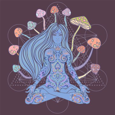Meditating Girl sitting in lotus position over ornate colorful mandala background with mushrooms. Vector illustration. Psychedelic composition. Buddhism esoteric motifs. Tattoo, spiritual yoga.