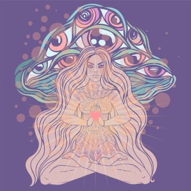 Meditating Girl sitting in lotus position over ornate colorful mandala background with mushrooms. Vector illustration. Psychedelic composition. Buddhism esoteric motifs. Tattoo, spiritual yoga.