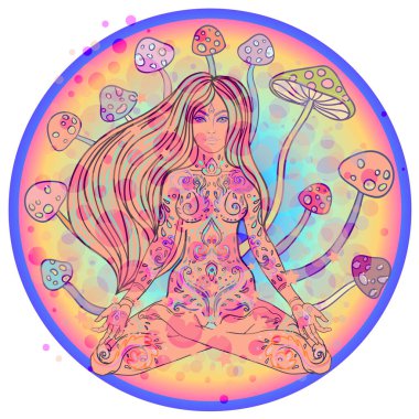 Meditating Girl sitting in lotus position over ornate colorful mandala background with mushrooms. Vector illustration. Psychedelic composition. Buddhism esoteric motifs. Tattoo, spiritual yoga.