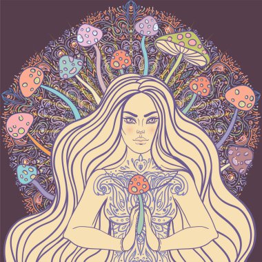 Meditating Girl sitting in lotus position over ornate colorful mandala background with mushrooms. Vector illustration. Psychedelic composition. Buddhism esoteric motifs. Tattoo, spiritual yoga.
