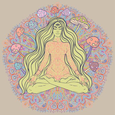 Meditating Girl sitting in lotus position over ornate colorful mandala background with mushrooms. Vector illustration. Psychedelic composition. Buddhism esoteric motifs. Tattoo, spiritual yoga.