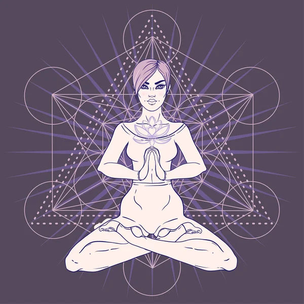Beautiful Girl Sitting Lotus Position Sacred Geometry Symbol Vector Illustration — 스톡 벡터