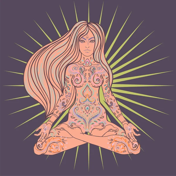 Beautiful Girl Sitting Lotus Position Sacred Geometry Symbol Vector Illustration — Stock Vector