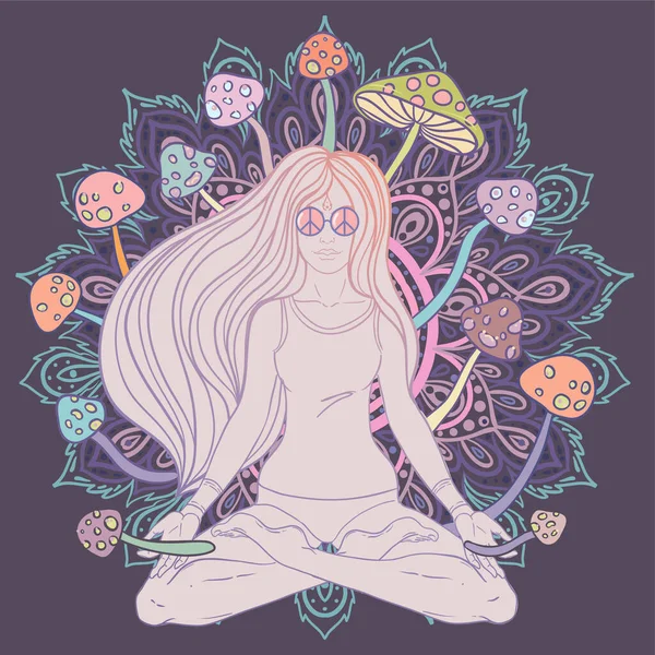 Meditating Girl Sitting Lotus Position Ornate Colorful Mandala Background Mushrooms — Archivo Imágenes Vectoriales