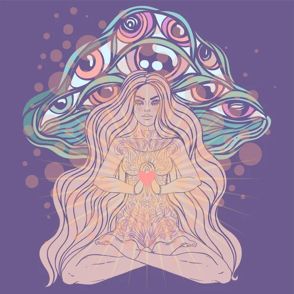 Meditating Girl sitting in lotus position over ornate colorful mandala background with mushrooms. Vector illustration. Psychedelic composition. Buddhism esoteric motifs. Tattoo, spiritual yoga.