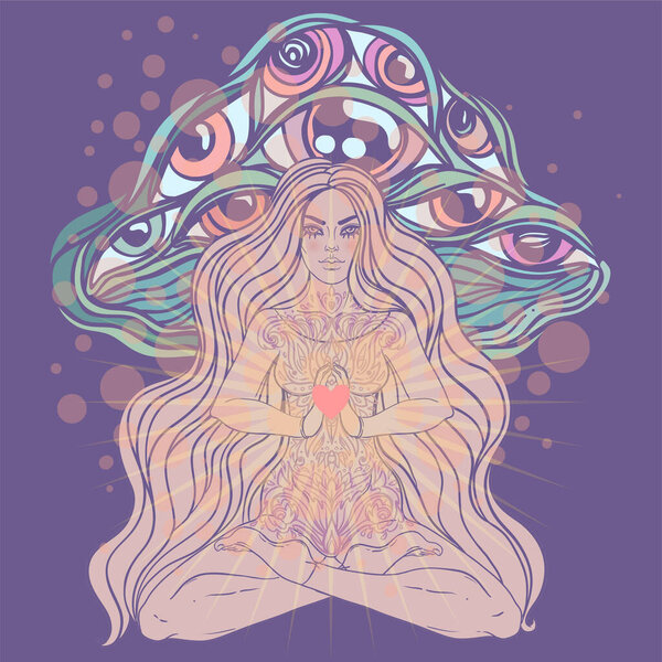 Meditating Girl sitting in lotus position over ornate colorful mandala background with mushrooms. Vector illustration. Psychedelic composition. Buddhism esoteric motifs. Tattoo, spiritual yoga.