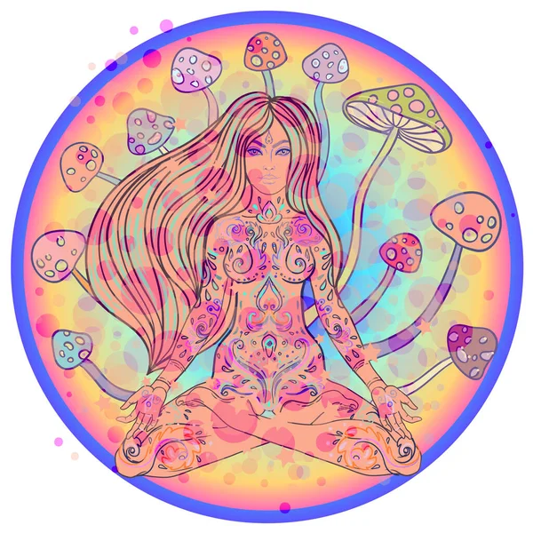 Meditating Girl sitting in lotus position over ornate colorful mandala background with mushrooms. Vector illustration. Psychedelic composition. Buddhism esoteric motifs. Tattoo, spiritual yoga.