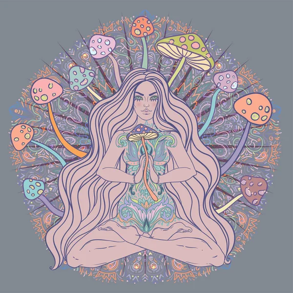 Meditating Girl sitting in lotus position over ornate colorful mandala background with mushrooms. Vector illustration. Psychedelic composition. Buddhism esoteric motifs. Tattoo, spiritual yoga.