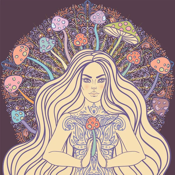 Meditating Girl sitting in lotus position over ornate colorful mandala background with mushrooms. Vector illustration. Psychedelic composition. Buddhism esoteric motifs. Tattoo, spiritual yoga.