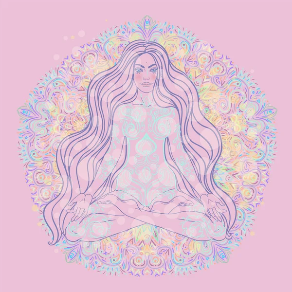 Beautiful Girl Sitting Lotus Position Ornate Colorful Mandala Background Vector — Image vectorielle