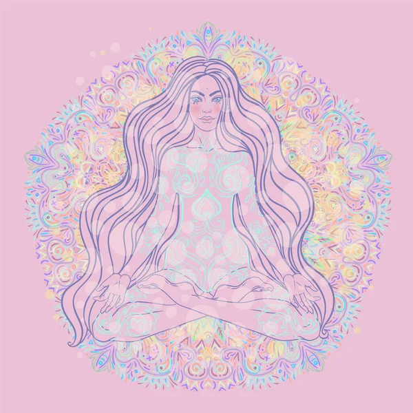 Beautiful Girl sitting in lotus position over ornate colorful mandala background. Vector illustration. Psychedelic mushroom composition. Buddhism esoteric motifs. Tattoo, spiritual yoga.