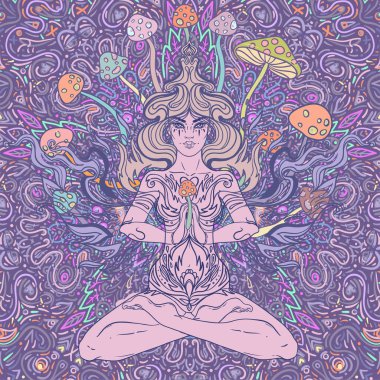 Meditating Girl sitting in lotus position over ornate colorful mandala background with mushrooms. Vector illustration. Psychedelic composition. Buddhism esoteric motifs. Tattoo, spiritual yoga.
