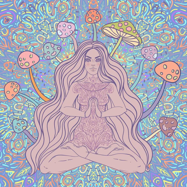 Meditating Girl sitting in lotus position over ornate colorful mandala background with mushrooms. Vector illustration. Psychedelic composition. Buddhism esoteric motifs. Tattoo, spiritual yoga.