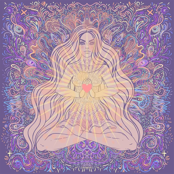 Beautiful Girl sitting in lotus position over ornate colorful mandala background. Vector illustration. Psychedelic mushroom composition. Buddhism esoteric motifs. Tattoo, spiritual yoga.