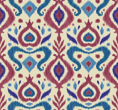 Ikat traditional folk textile pattern. Tribal ethnic hand drawn texture. Seamless background in Aztec, Indian, Scandinavian, Gypsy, or Mexican style. Raster illustration.