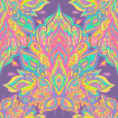 Vector ornamental Lotus floral seamless pattern design, ethnic art, patterned Indian paisley. Hand drawn illustration. Tattoo, astrology, alchemy, boho and magic symbol.