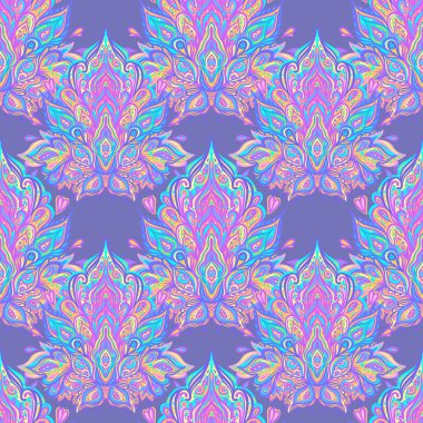Vector ornamental Lotus floral seamless pattern design, ethnic art, patterned Indian paisley. Hand drawn illustration. Tattoo, astrology, alchemy, boho and magic symbol.