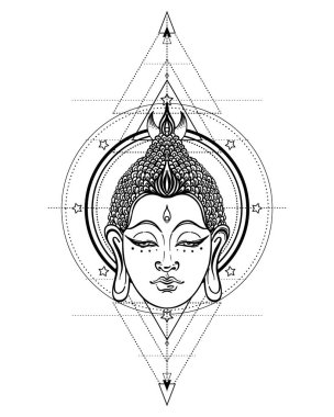 Buda 'nın yüzü kutsal geometri kalıbının üzerinde. Esrarengiz klasik vektör çizimi. Hint, Budizm, ruhani sanat. Hippi dövmesi, ruhanilik, Tayland tanrısı, yetişkinler için yoga zen boyama kitabı sayfaları.