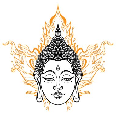 Buda suratı geleneksel Tayland desenini süslüyor. Esrarengiz klasik vektör çizimi. Hint, Budizm, ruhani sanat. Hippi dövmesi, ruhanilik, Tayland tanrısı, yetişkinler için yoga zen boyama kitabı..