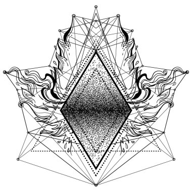 Siyah çerçeve. Kutsal Geometri. Ayurveda uyum, denge ve evrenin sembolü. Dövme et tasarımı, yoga logosu. Boho baskısı, poster, tişört tekstili. Stres önleyici kitap. İzole vektör illüstrasyonu.