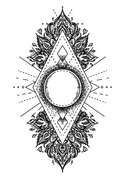 月のフレームを 神聖幾何学 調和とバランスのアーユルヴェーダのシンボル タトゥー肉のデザイン ヨガのロゴ ボホプリント ポスター Tシャツのテキスタイル ストレス対策書 分離ベクトル図 — ストックベクタ