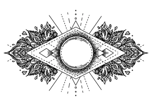 Ornate Moon Frame Sacred Geometry Ayurveda Symbol Harmony Balance Tattoo — Stock vektor