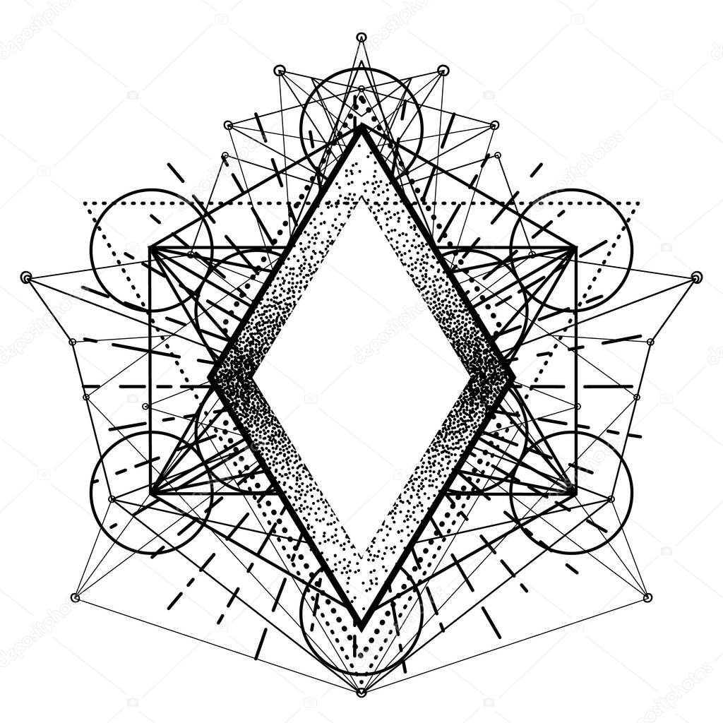 Black frame. Sacred Geometry. Ayurveda symbol of harmony and balance, and universe. Tattoo flesh design, yoga logo. Boho print, poster, t-shirt textile. Anti stress book. Isolated vector illustration.