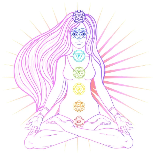 Yoga Frau Verzierte Silhouette Sitzt Lotus Pose Mit Sieben Chakren — Stockvektor