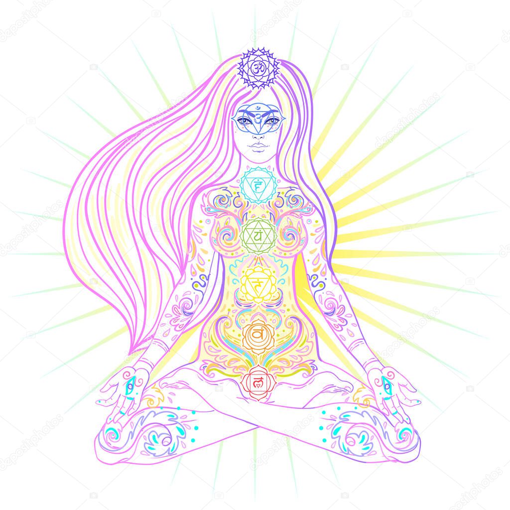 Young woman in lotus position. Chakras concept. Person doing yoga, decorative mandala round pattern. Flower of Life. Alchemy, philosophy, spirituality. Vector illustration.