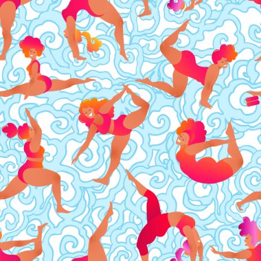 Artı siyah kıvrımlı kızlar yoga dersi alıyor. Kusursuz desen. Vektör çizimi. Çevrimiçi ev antrenmanı konsepti. Vücut pozitif. Çekici Afrikalı Amerikalı kadın..
