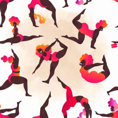 Artı siyah kıvrımlı kızlar yoga dersi alıyor. Kusursuz desen. Vektör çizimi. Çevrimiçi ev antrenmanı konsepti. Vücut pozitif. Çekici Afrikalı Amerikalı kadın..