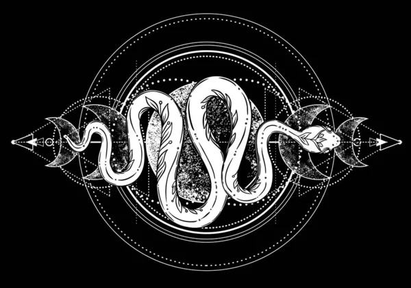 Snake Triple Moon Phases Sacred Geometry Celestial Pagan Wiccan Goddess — Stock vektor