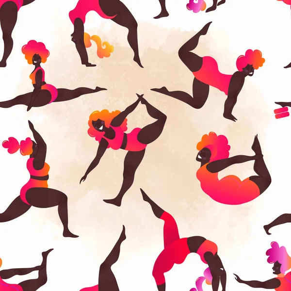Maat Zwarte Curvy Meisjes Die Yoga Les Doen Naadloos Patroon — Stockvector