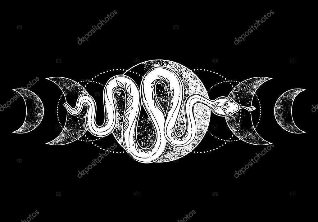 Snake and triple moon phases. Sacred geometry, celestial pagan Wiccan goddess symbol. Magic wicca witch sign, energy circle, boho style, vector isolated on white background
