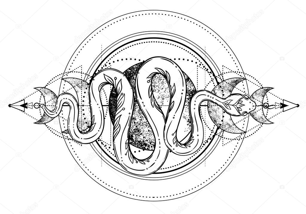 Snake and triple moon phases. Sacred geometry, celestial pagan Wiccan goddess symbol. Magic wicca witch sign, energy circle, boho style, vector isolated on white background