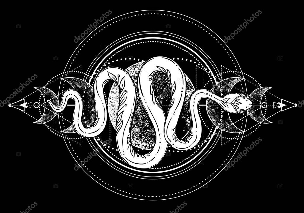 Snake and triple moon phases. Sacred geometry, celestial pagan Wiccan goddess symbol. Magic wicca witch sign, energy circle, boho style, vector isolated on white background