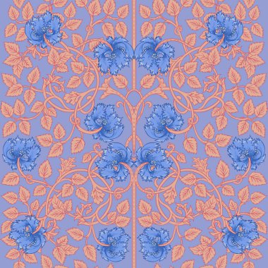 Çiçeksel, dikişsiz desen, eski duvar kağıtları. Büyülü Vintage Çiçekleri. Sanat ve el sanatları hareketi ilham verici. Ambalaj kağıdı, duvar kağıdı, kumaş ve moda kıyafetleri için tasarlandı. Vektör illüstrasyonu